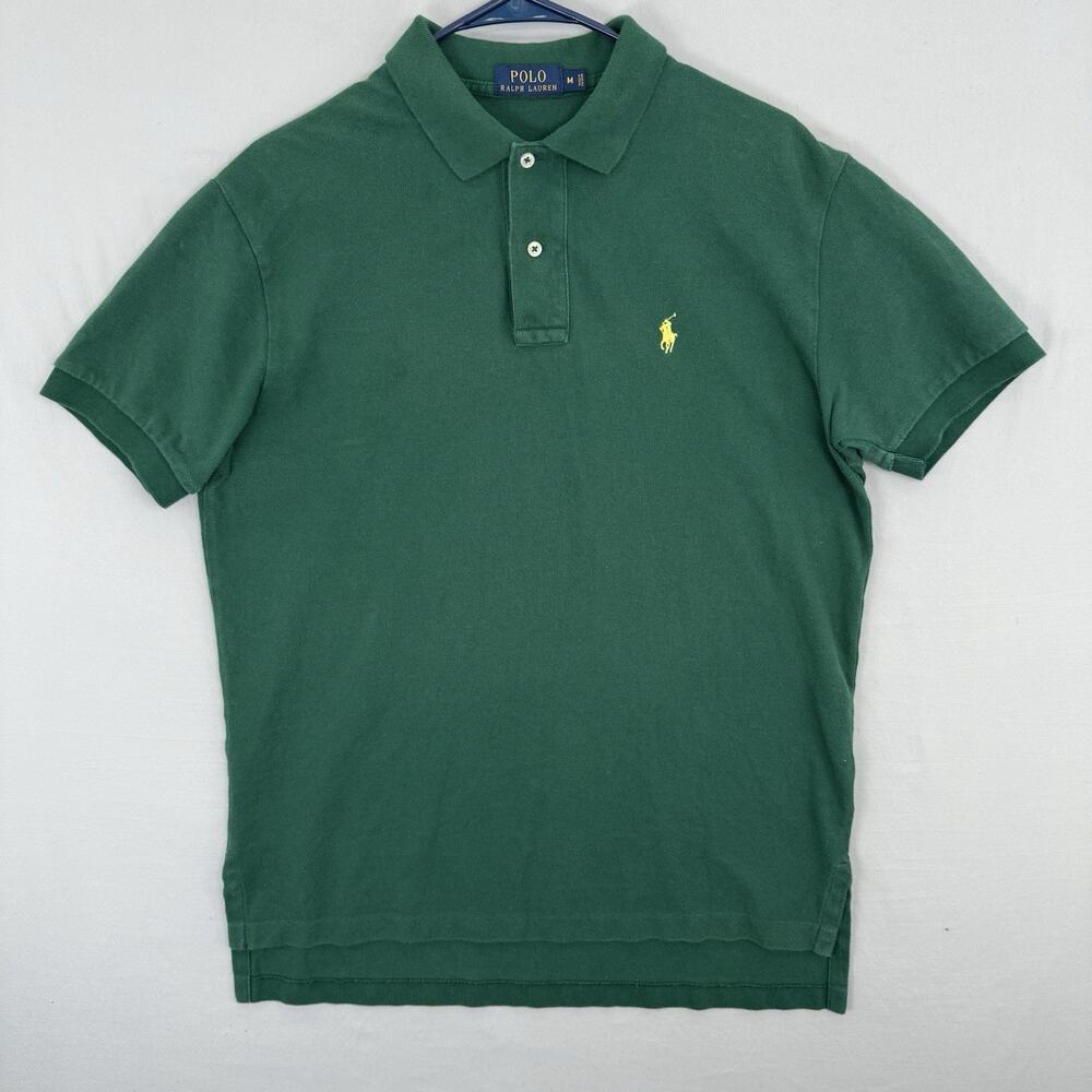 Polo Ralph Lauren Men Green Pique Polo Shirt Yellow Pony Logo Sz M Short Sleeve